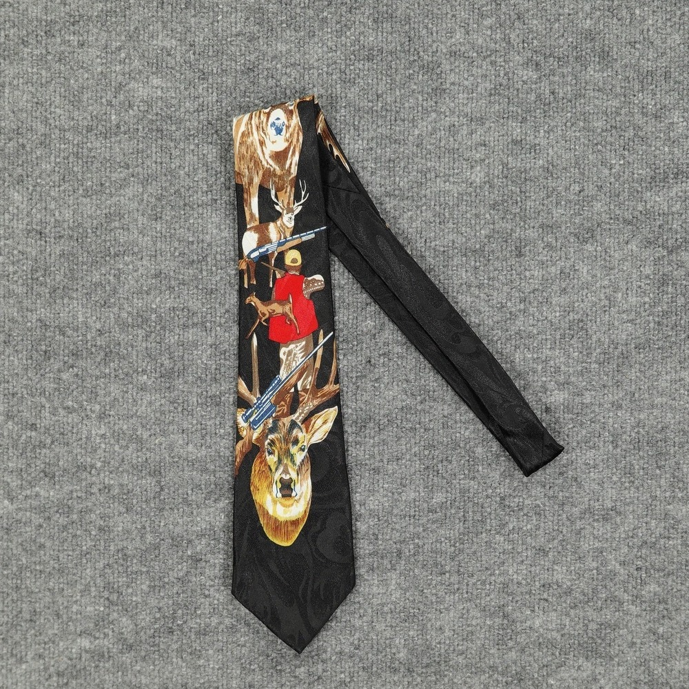 Deer Hunting Wildlife Tie Mens One Size Black Polyester Novelty Nature Necktie